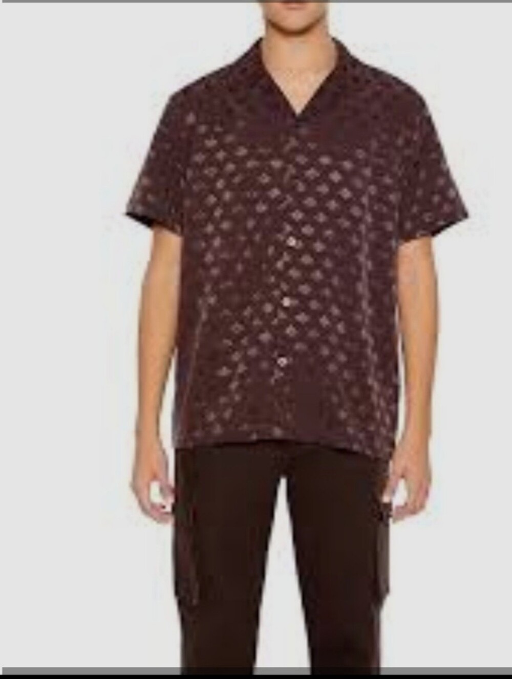 Forever 21 Men XL Cocoa Brown Jacquard Camp Collar Button-Up Shirt Cruise Vacay